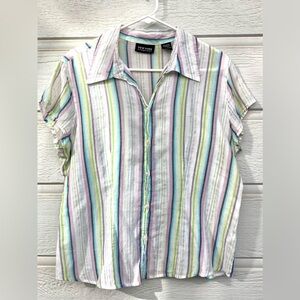 New York & Co Metallic Sheer Striped Short Sleeve Button Shirt Lavender …